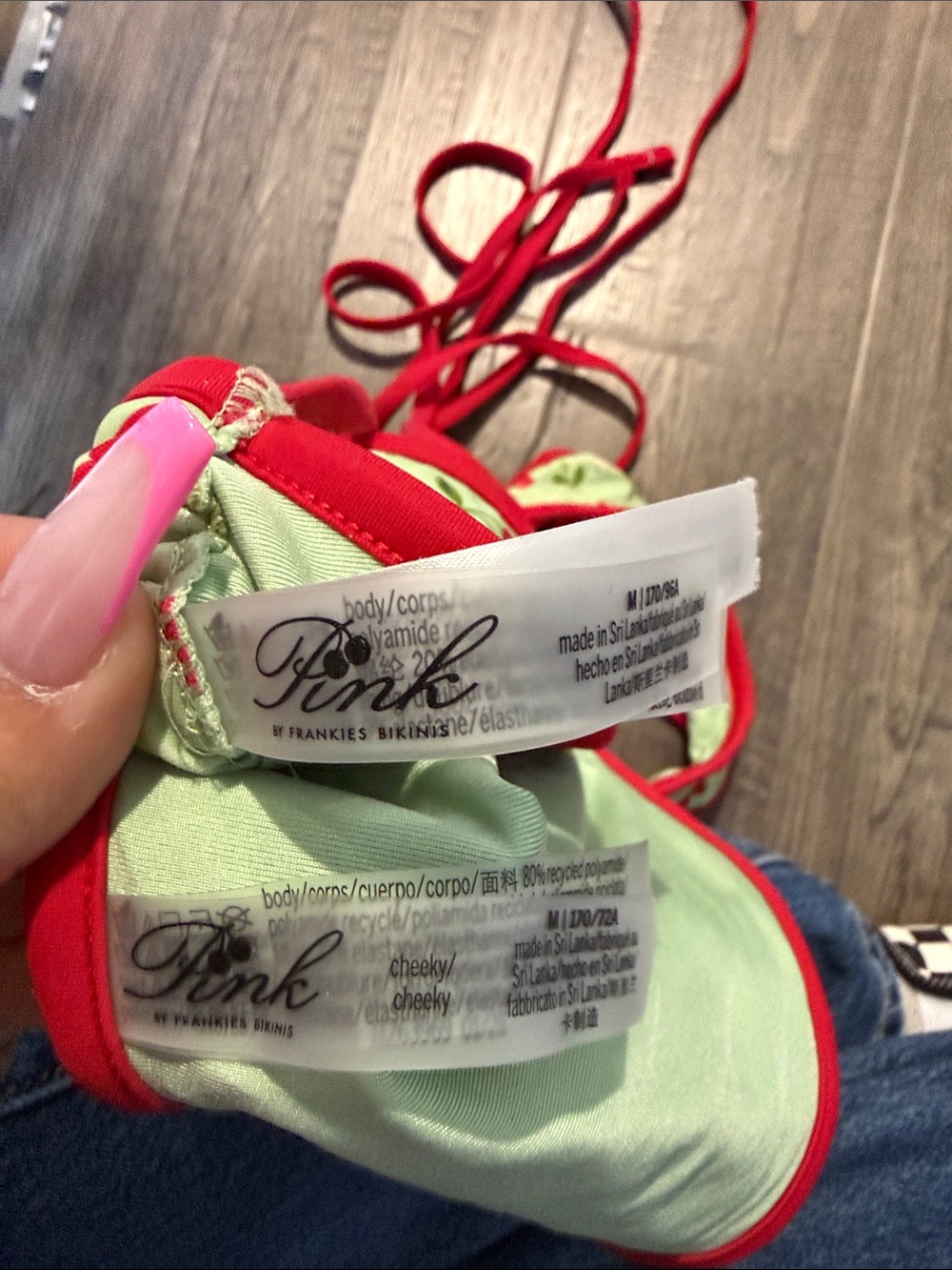 Frankie's Bikinis Cherry Print Triangle Bikini - Mint with Red Trim - Picture 3 of 3